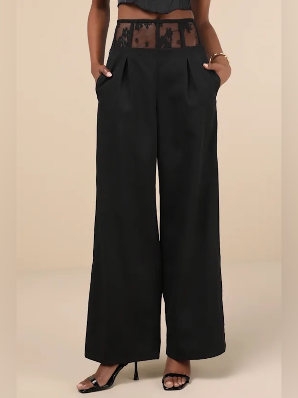 Black Sheer Lace Wide-Leg Trouser Pants